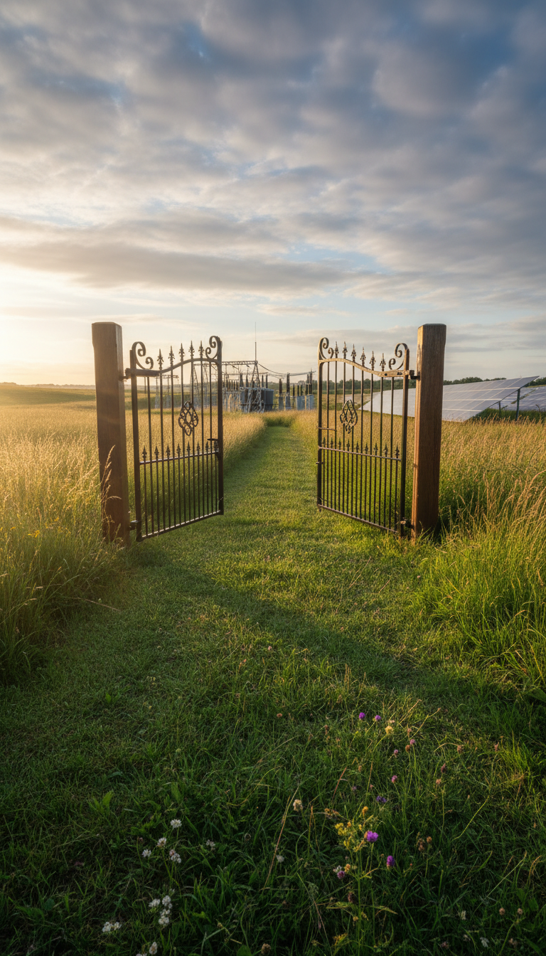 A symbolic image of a sturdy, open field gate made from polished oak and wrought iron standing between lush, rolling green fields under a wide, partly cloudy sky. Beyond the gate, a modern electrical substation and rows of solar panels are visible, partially obscured by tall native grasses. Warm, golden hour sunlight bathes the landscape, casting elongated, gentle shadows across the scene and bringing out vibrant greens and earth tones. The low, wide-angle perspective invites viewers through the gate, creating an atmosphere of opportunity and progress. The composition blends rural charm with modern efficiency, ideal for illustrating the intersection of tradition and technological advancement in public service regulation.