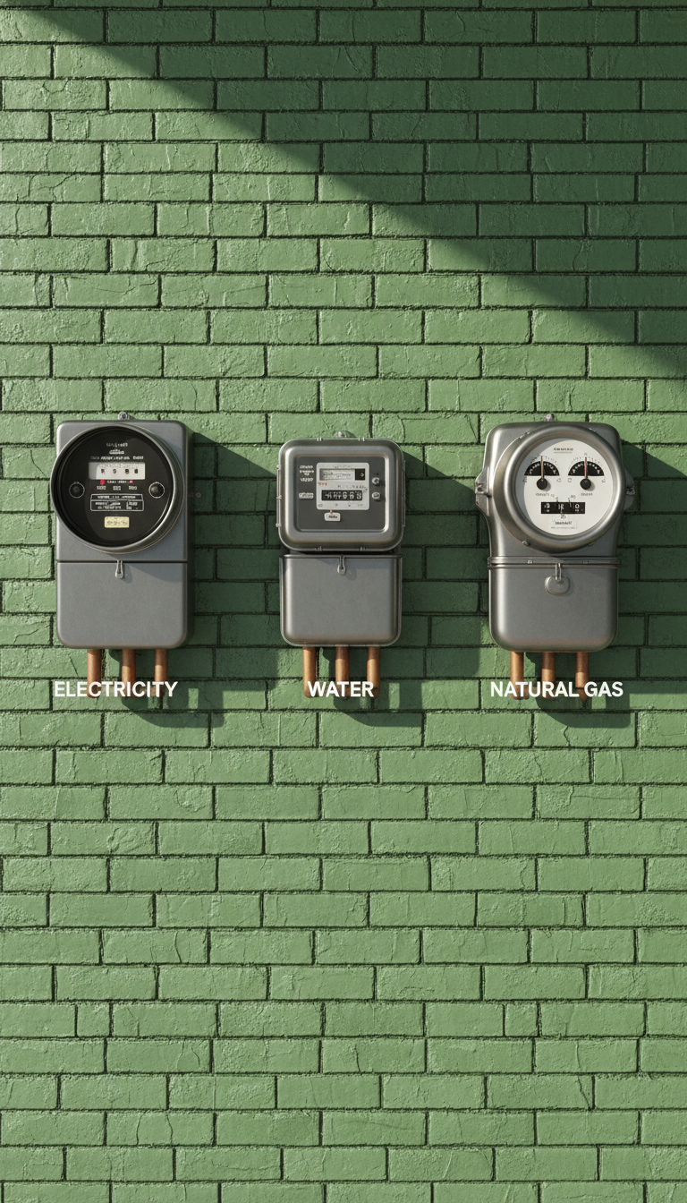 A highly detailed digital rendering of a trio of gleaming utility meters—one for electricity, one for water, and one for natural gas—mounted on a clean, textured brick wall with vintage green glazing. Each meter features clear glass faces, brushed steel housings, and intricate dials, with subtle labels in crisp lettering. Gentle afternoon sunlight casts soft, realistic shadows and subtle reflections, enhancing the three-dimensionality without overwhelming detail. The overhead composition is shot straight-on, fostering clarity and order. The mood is transparent and reassuring, reflecting the importance of fair and visible utility oversight. The artistic approach is realistic yet streamlined, suggesting efficiency and accountability.